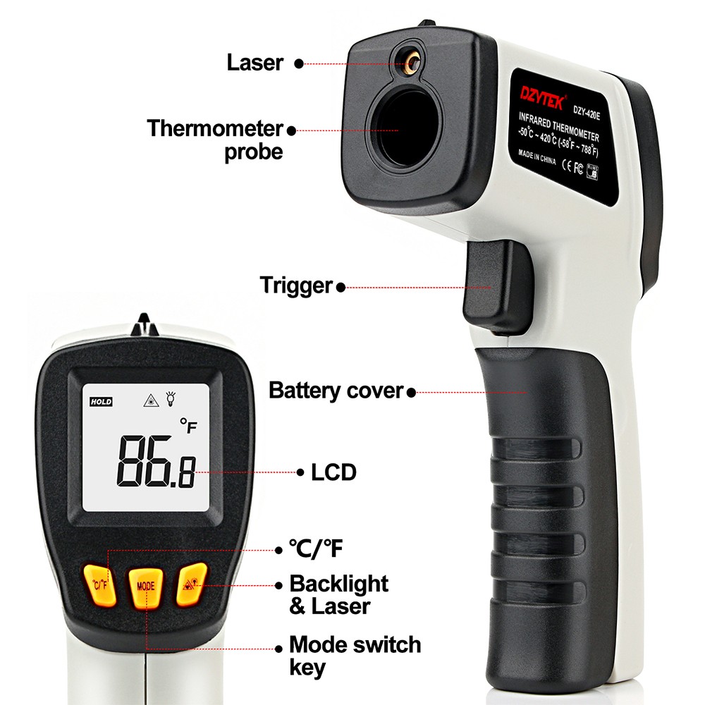 DZYTEK Non-Contact Digital Infrared Laser Thermometer Gun High Low Temperature Alarm -58℃~788℃ Thermometer