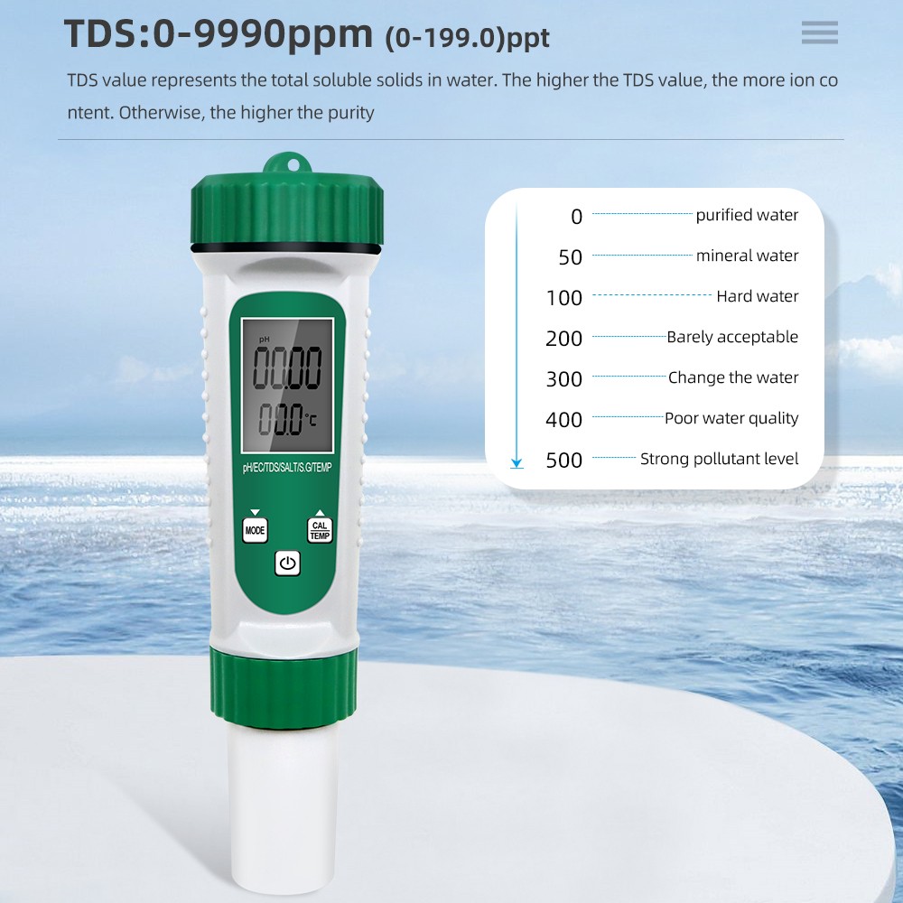 High Accuracy 6 in 1 PH/ EC/ TDS/ Salt/ S.G/ Temperature Test Meter Analyzer Acid Probe Analyzer for Drinking Aquarium 40% Off