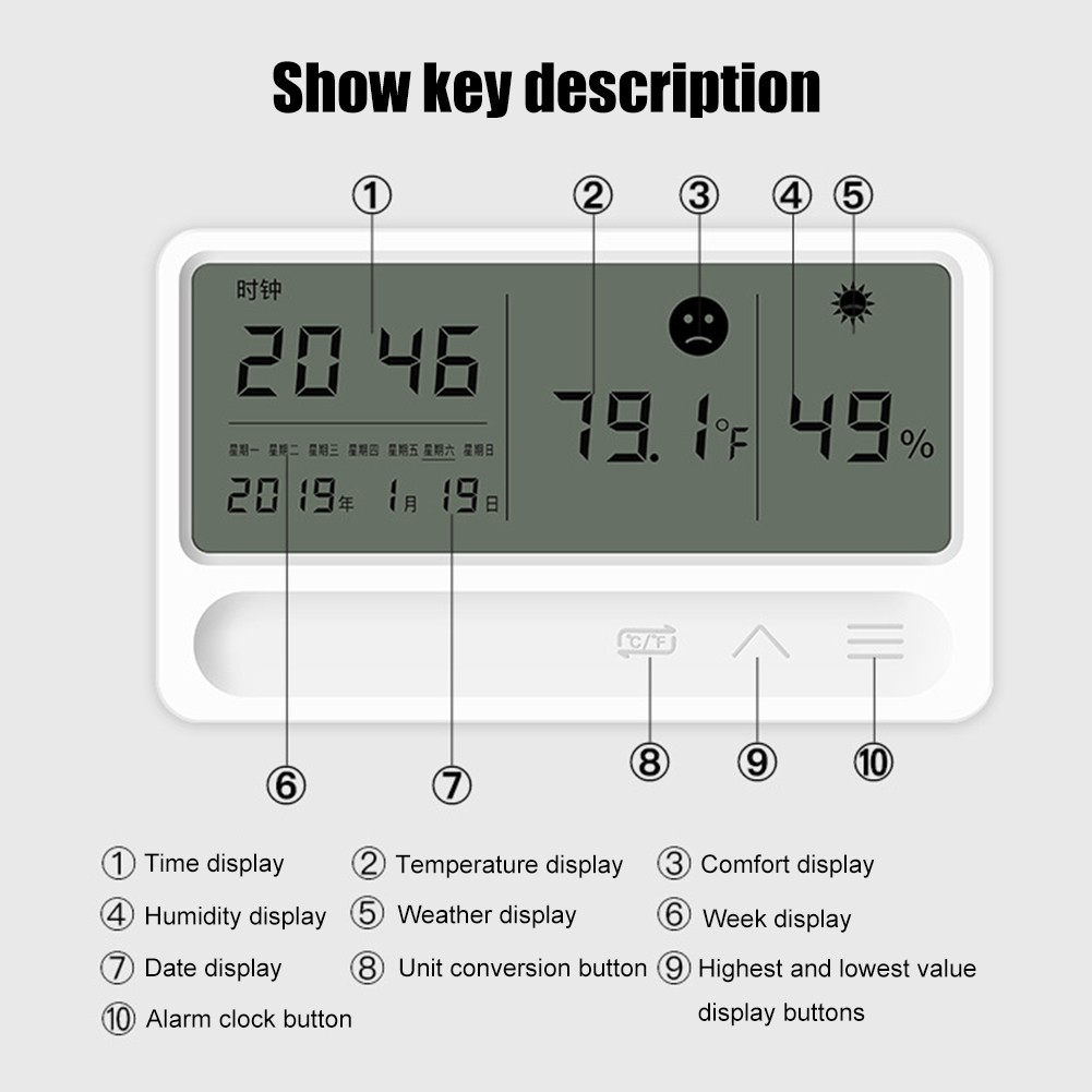 LCD الإلكترونية ساعة مكتب درجة الحرارة مقياس الرطوبة ساعة تنبيه الرطوبة ميزان الحرارة عالية الدقة الرقمية hygrothergraph