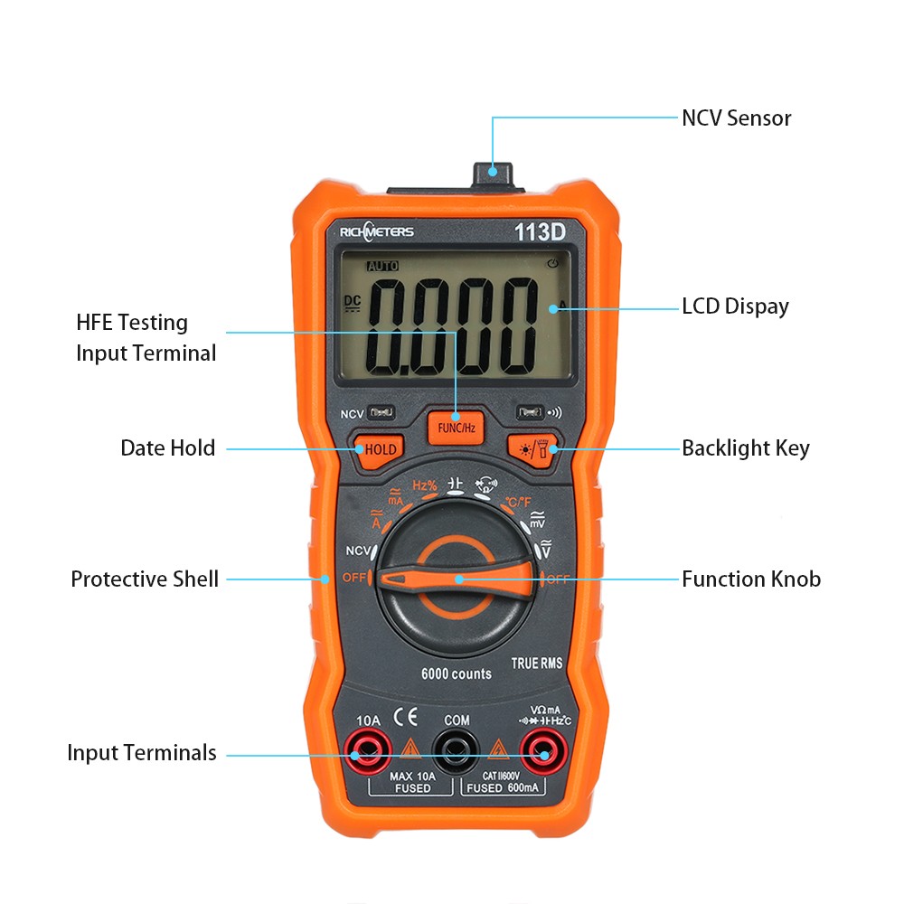 RICHMETERS جهاز القياس الرقمي, جهاز متعدد المتر RM113A/RM113D مع 6000 عد NCV أداة درجة حرارة الجهد مع شفط مغناطيسي وضوء فلاش