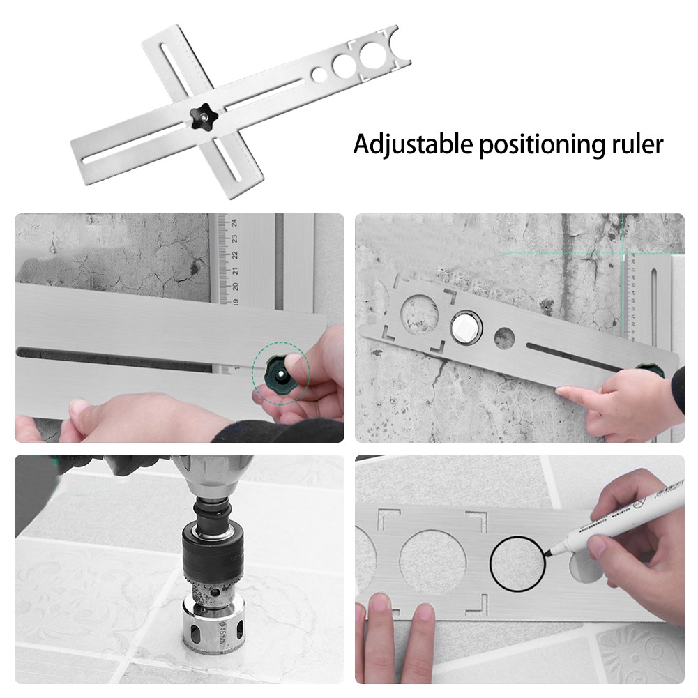 Stainless Steel Ceramic Locator Hole Ruler Adjustable Punching Hand Tool for Home Decorated Work Multifunction Ruler
