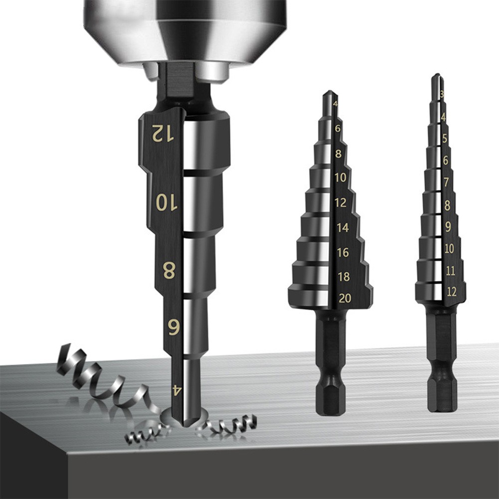 3pcs 3-12mm 4-12mm 4-20mm HSS Steel Nitrogen Coated Step Drill Bit Set Coated Hole Cutter Metal Wood Core Drilling Tools