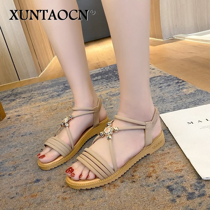 Rimocy Summer Cross Strap Crystal Sandals Women 2022 Comfortable Low Heels Open Toe Sandalias Woman Soft Bottom Casual Shoes Lady