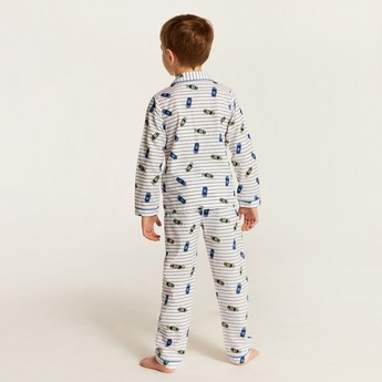 Juniors Car Print Shirt and Full Length Printed Pyjama Set