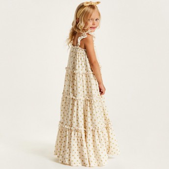 Polka Dot Print Sleeveless Tiered Dress with Frill Detail