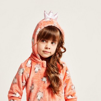 Juniors All-Over Printed Hooded Onesie with Long Sleeves and Zip Closure