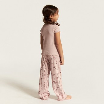 Juniors Embroidered Round Neck T-shirt and Full Length Printed Pyjama Set