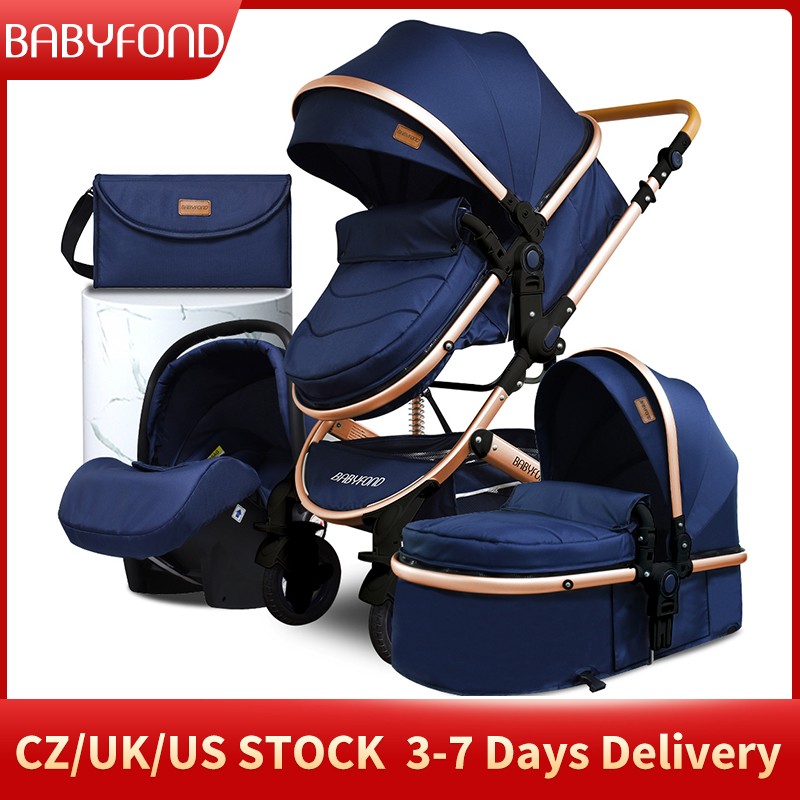 Babyfond Luxury 4 in 1 Baby Stroller High Landscape Mobility Light Stroller Newborn Baby Stroller Two-Way Folding Baby Shock Absorbing Car Sending Bag