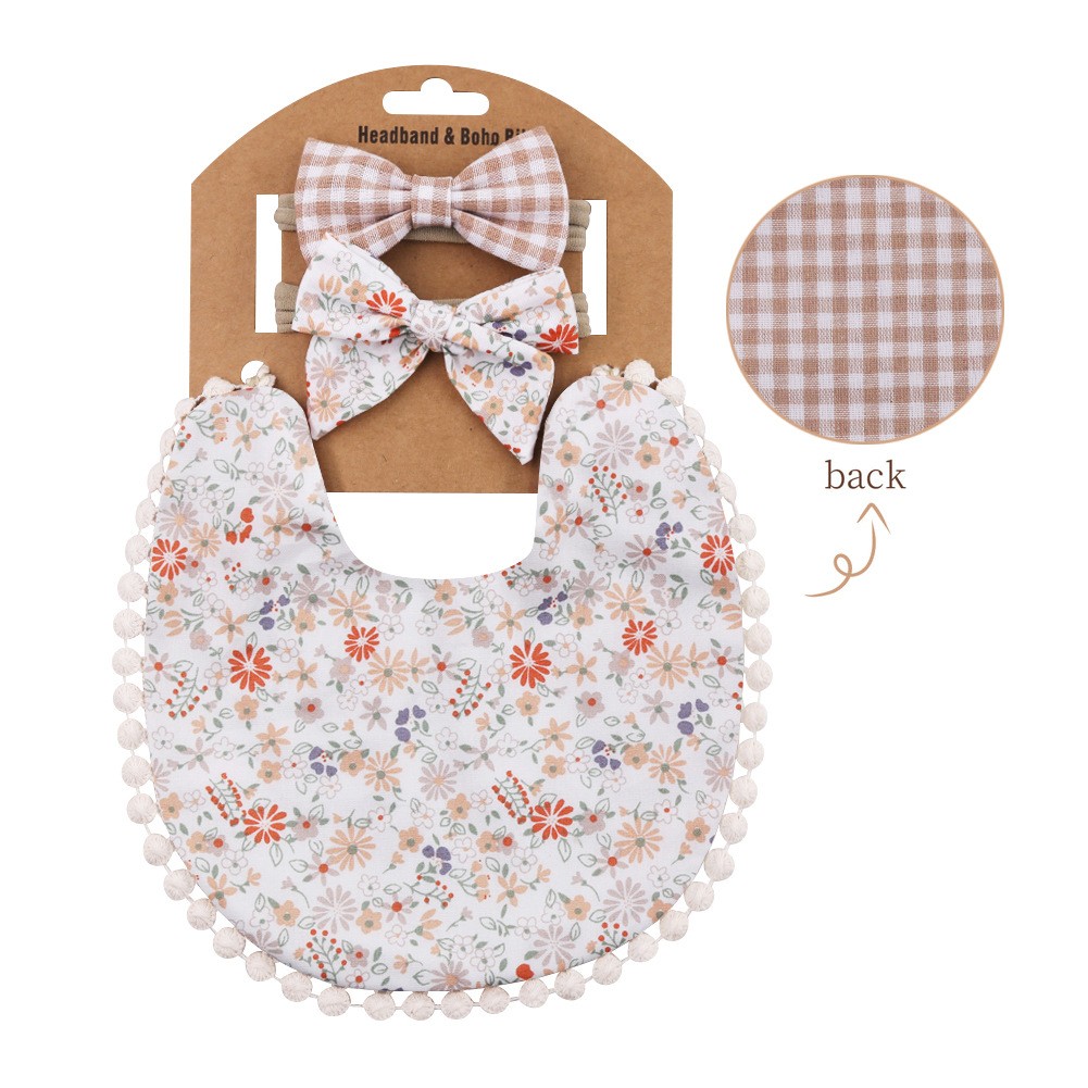 3pcs Children New Baby Plaid Printed Linen Baby Cotton Baby Double-sided Bib Bib Baby Saliva Towel Headband Set