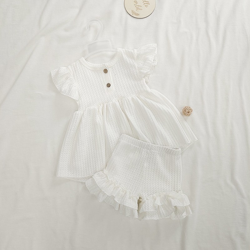 Fashion Baby Dress Clothes Set Newborn Cotton Waffle Princess Girls Top Flying Sleeves Buttons Ruffles A-Line Dress Shorts Set