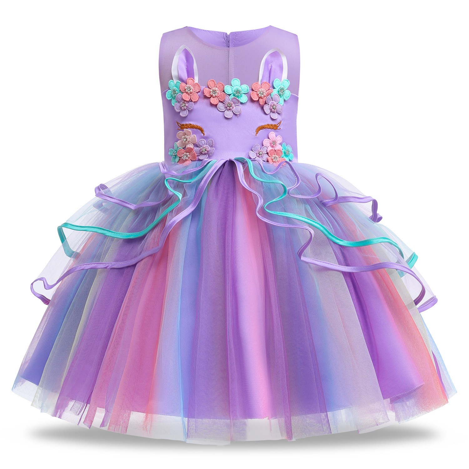 Summer Dress Girl Unicorn Cosplay Costume Children's Day Mesh Rainbow Tulle Princess Dress for Birthday Gift Kids Fashion Dress