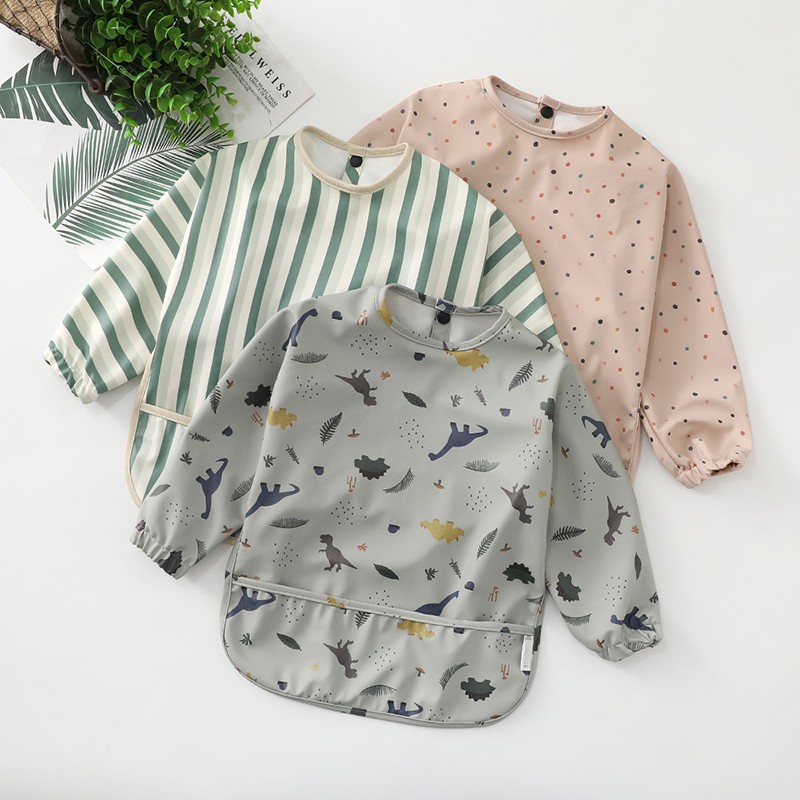 Easy to Wear Long Sleeve Baby Bib Baby Soft PU Bibs Painting Waterproof Meals Protection Washable Easy Clean Smock for Babies