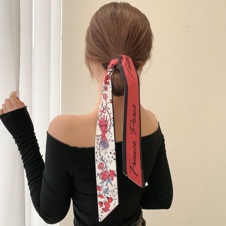 1pc Adult Kids Silk Scarf French Style Headband Girls Braided Bow Long Ribbon Head Rope Tied Hair Streamer Clothes Accessories