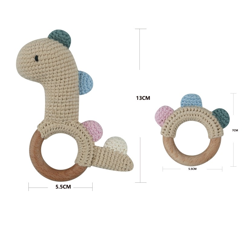 1pc or 2pcs/set BPA Free Crochet Dinosaur Baby Teether Rattle Safe Beech Wooden Teether Ring Newborn Mobile Sport Educational Toy