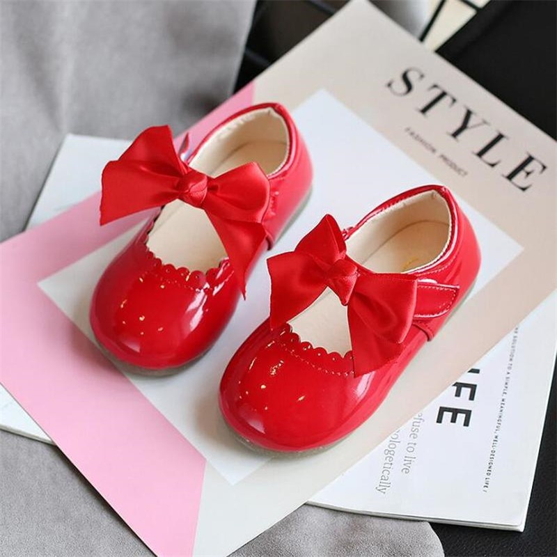 Newest Spring Autumn Baby Girls Fashion Patent Leather Big Bow Princess Mary Janes Party Shoes Solid Color Student Flat Shoes