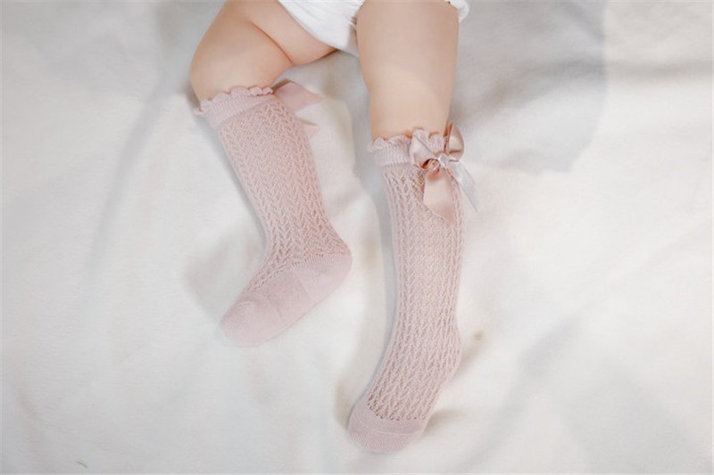 Newborn Baby Girls Solid Bow-knot Socks Breathable Mesh Cotton Knee High Leg Warmer Summer Infant Baby Soft Socks Clothes