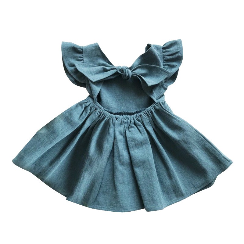 New Baby Girls Dress Bow Cotton Fly Sleeve Ruffles Lace Summer Pure Color Children Princess Skirt Kids Clothes