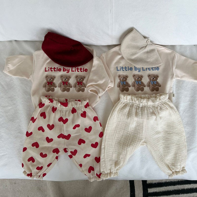 2022 Spring New Cute Bear Print Baby Boys Casual Pants Flower Heart Print Girls Summer Mosquito Pants Baby Loose Plaid Trousers