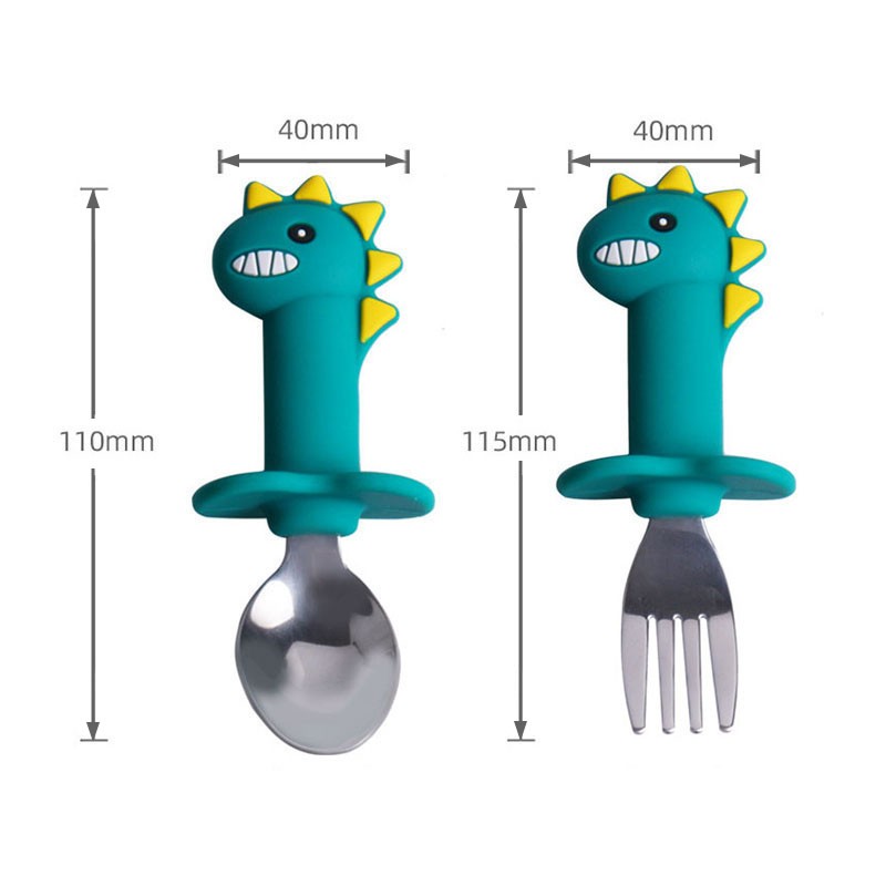 Baby Feeding Spoon Fork Set Silicone Handle Cartoon Dinosaur Tableware Infant Heat Resistant Stainless Steel Spoon Head Cutlery