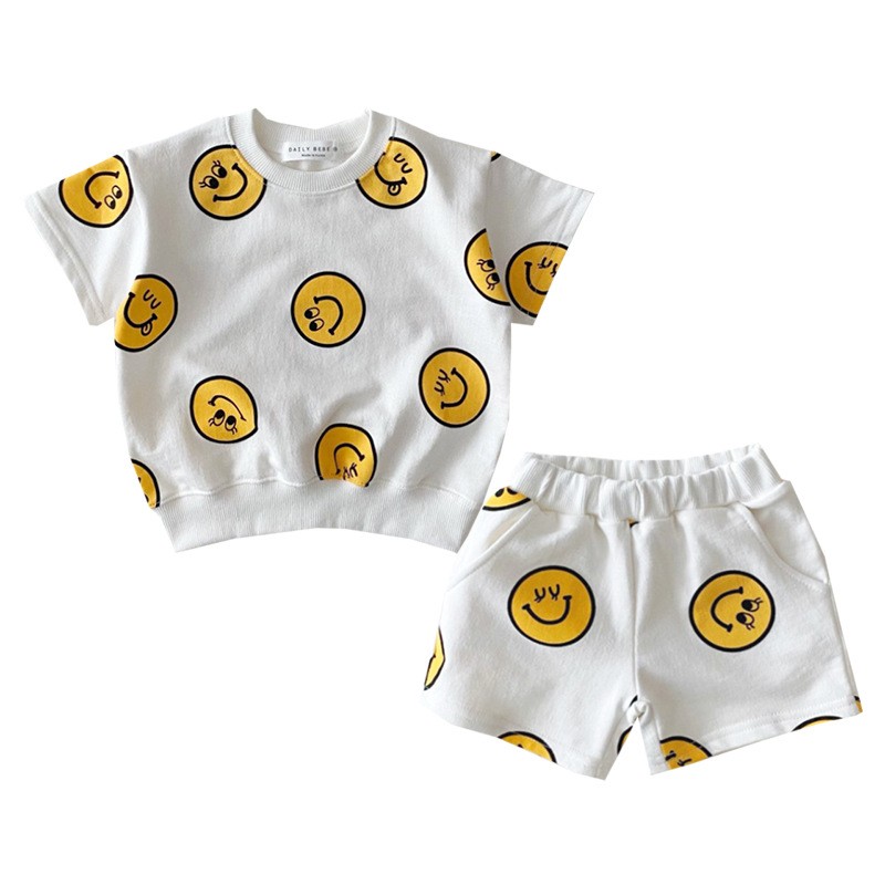 2021 Summer New Cotton Baby Clothes Set Boys and Girls Cute Smiley Print Tops + Shorts 2pcs Kids Children Clothing Suit