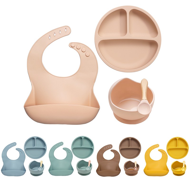 Baby Feeding Bowl Set Silicone Bibs Non-Slip Baby Silicone Tableware BPA Free Silicone Chewable Food Grade Newborn Accessories