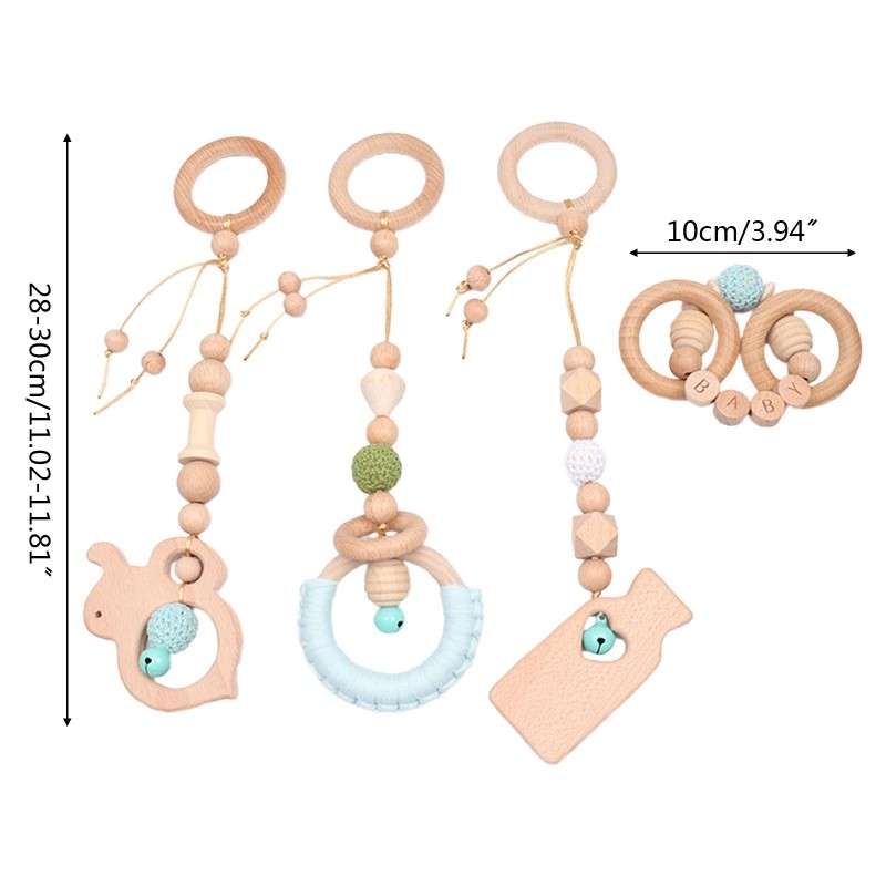 4pcs Baby Stroller Frame Pendants Wooden Ring Beads Teether Stroller Rattle Infant Newborn Nursing Molar Teething Toys Bathing Gifts