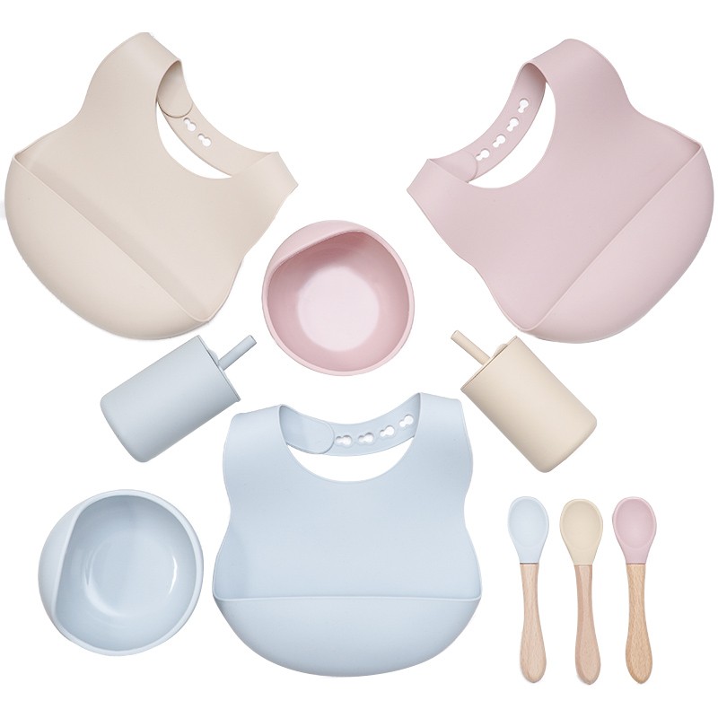 Baby Feeding Bowls Set Non Slip Silicone Bibs BPA Free Chewable Baby Tableware Food Grade Newborn Accessories