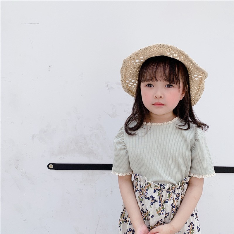 Deer Junmei 2022 Summer Korean Style New Toddlers Kids Short Sleeve T-shirt Lace Baby Girls Rib Tops Pure Color Children Tees