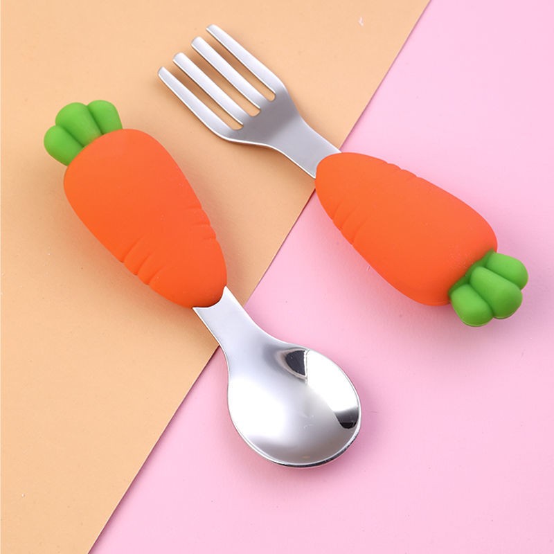 Baby Stainless Steel Silicone Cutlery Feeding Set Children Straw Cutlery Carrot Set Split Training Plate Spoon Fork Dinner Plate