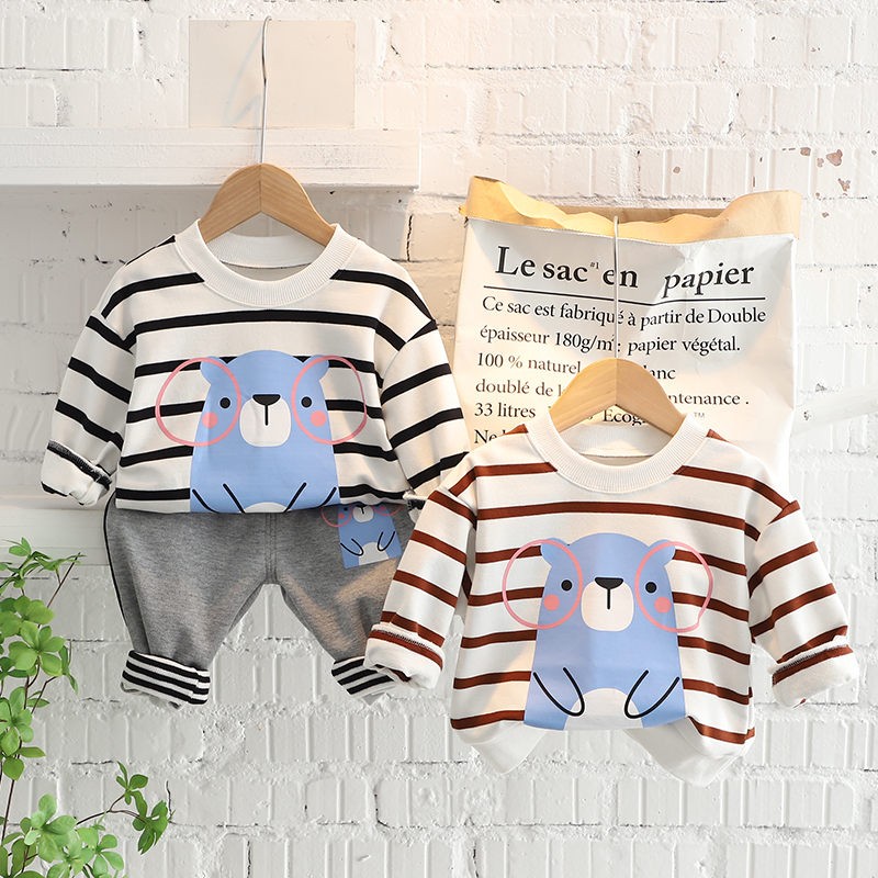 0-5 Years New Spring Children Girls Boys Cartoon Striped T-shirt Sports Pants 2pcs/set Kids Strips Toddler Clothes Cotton Suit