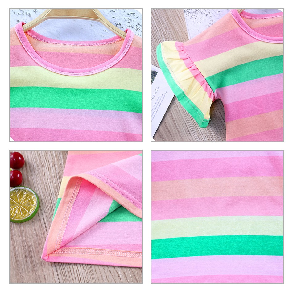 Girls Striped T-Shirt 2021 New Korean Baby Fashion Rainbow Shirts With Ruffle Sleeves Children All-match Tees 12M-8T JYF