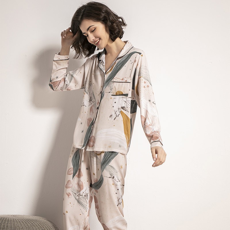 Starry Sky and Floral Printed Women Pajamas Set Comfort Cotton Silk Full Sleeve Homewear Tender Ladies Spring Casual Wear