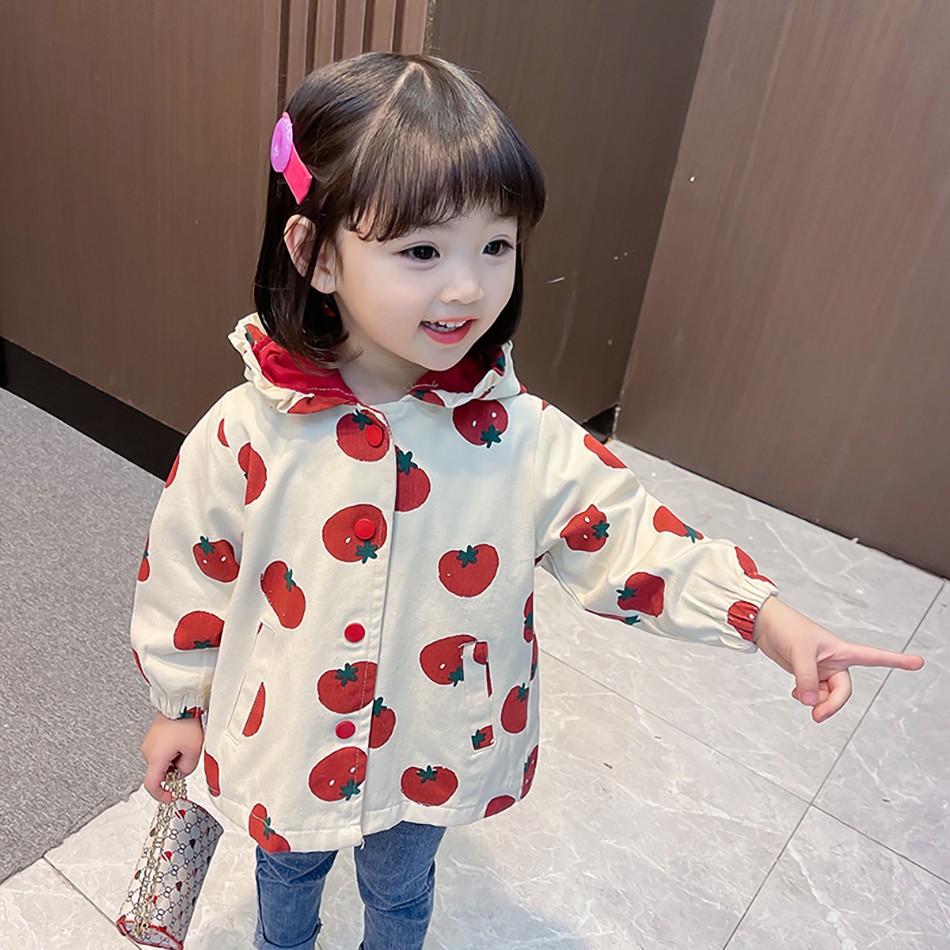 Spring Windbreaker Baby Girl Strawberry Dot Hooded Trench Coat Children Clothes Kids Jacket For Girls Outerwear JYF