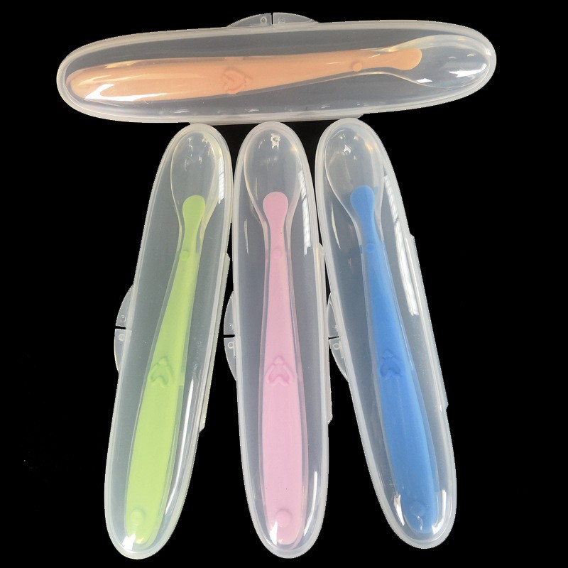 1pc Baby Feeding Spoon With Storage Box Non-slip Baby Training Spoon Food Grade Silicone Cute Baby Feeding Tableware