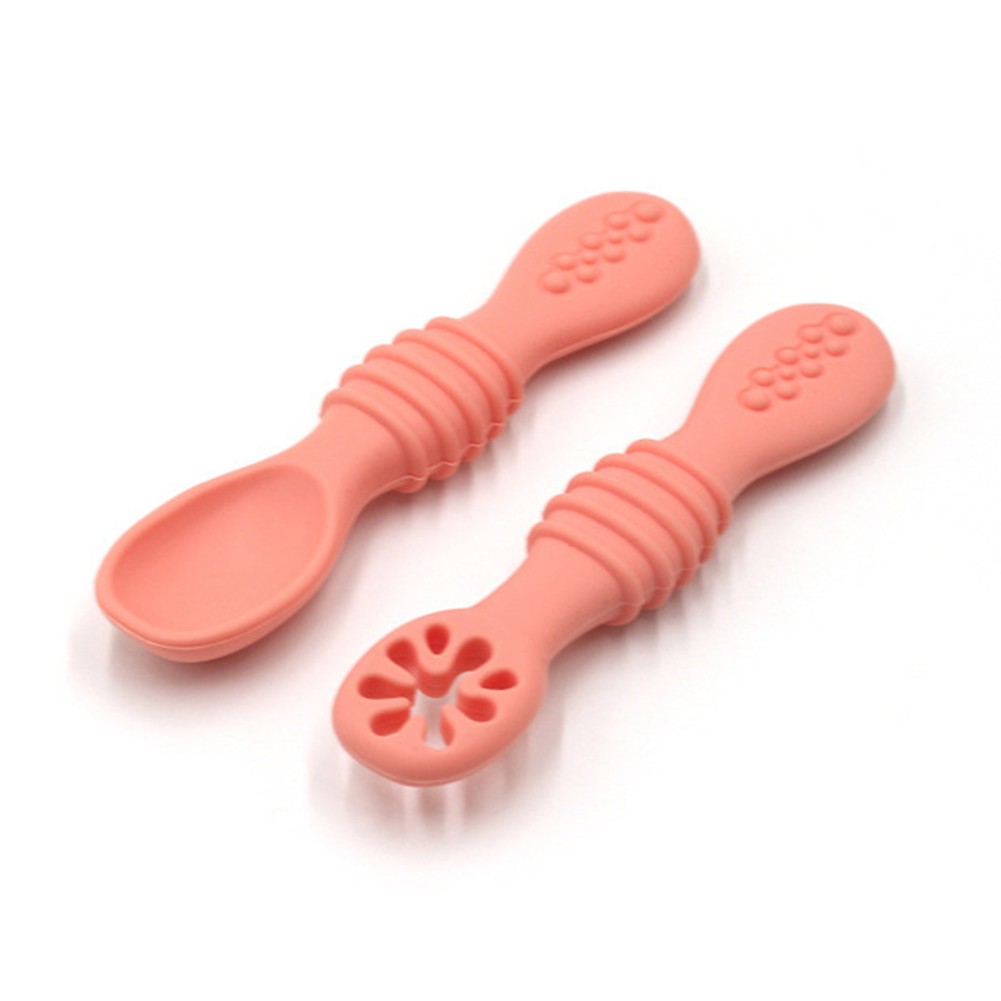 2pcs Lovely Baby Learning Spoons Utensils Set Adorable Toddler Tableware Baby Silicone Teether Toys Feeding Scoop Training