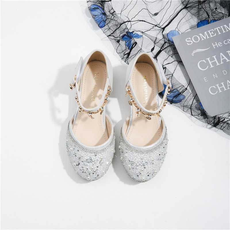 Girls-up sandal height students rhinestone princess shoes pink new shoes children's hollow glass slippers shiny girl dress