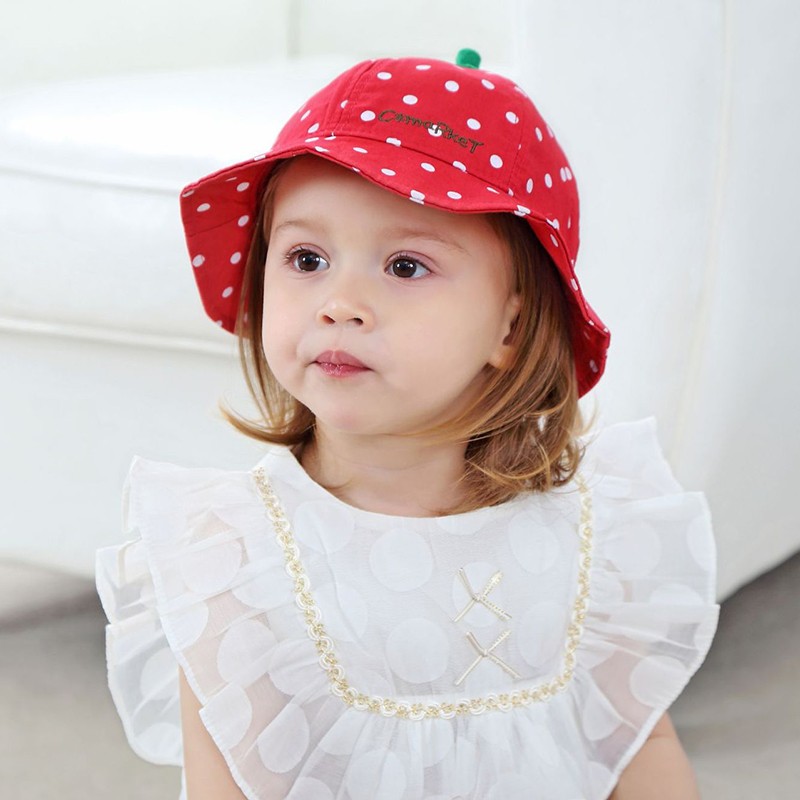 Kids Red Strawberry Dot Hat Baby Spring Summer New Cotton Bucket Cover Lovely Outdoor Sun Hat