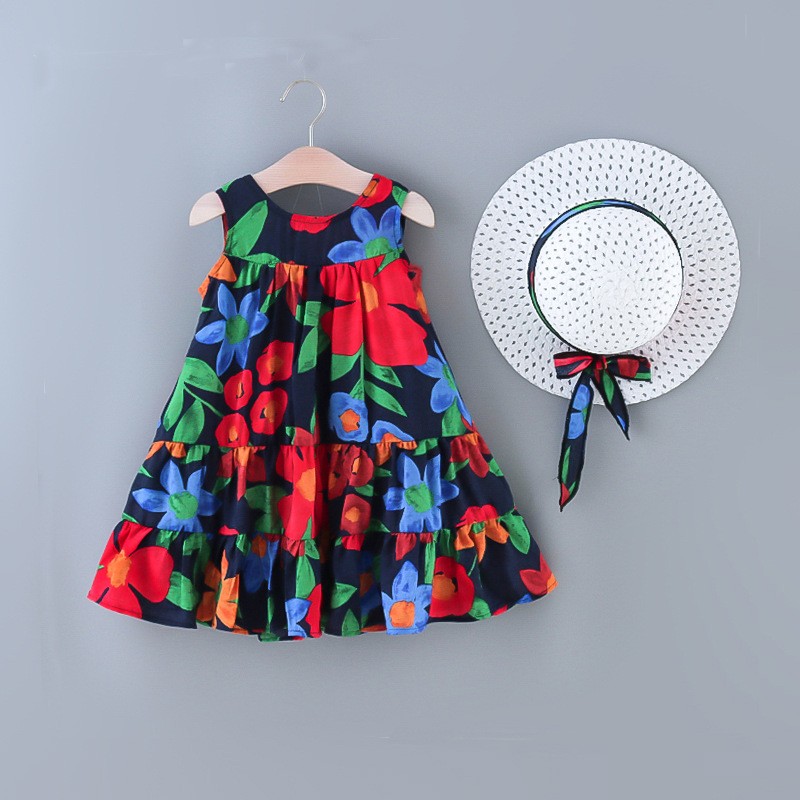 High Quality Kids Dresses For Girls Sleeveless Beach Dress With Hat Princess Party Dress Baby Girls Summer Clothes