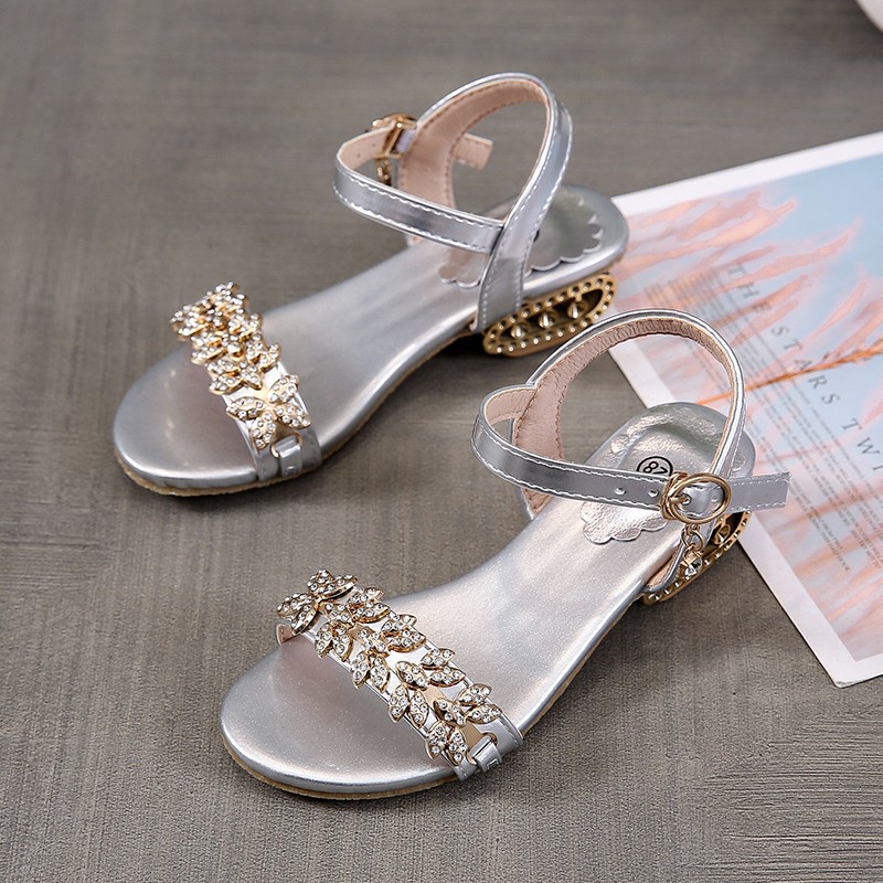 New Girl Roman Sandals Children 2022 Rhinestone Silver Buckle Baby Shoes With Low Peep Toe Sandal Shoes Children Birthday Gift