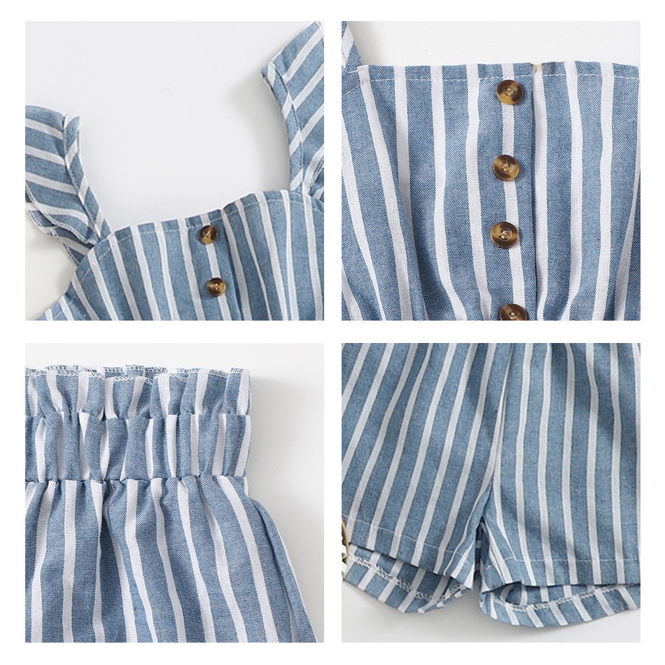 Baby Girl Clothes Set Summer Baby Cotton Striped Print Short Sleeve Suspenders T-shirt + Ruffle Short Pants 2pcs Kids Outfit