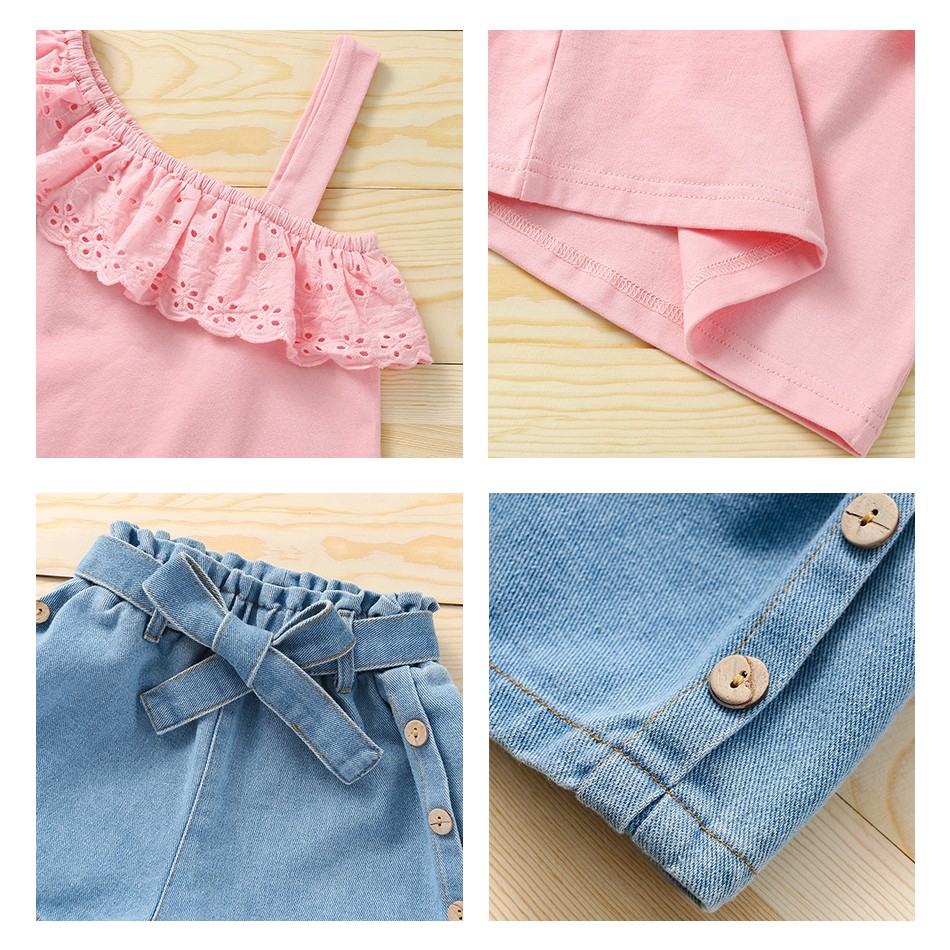 New Summer Girls Top + Denim Short Pants 2pcs Kids Outfits Clothes Toddler Children Costume For 1-6 Years