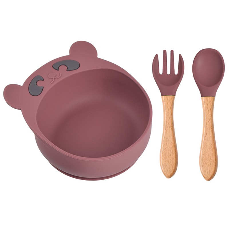 Children's silicone bowl spoon and fork set baby cartoon bear suction cup anti-drop complementary food bowl children's plate dishes
