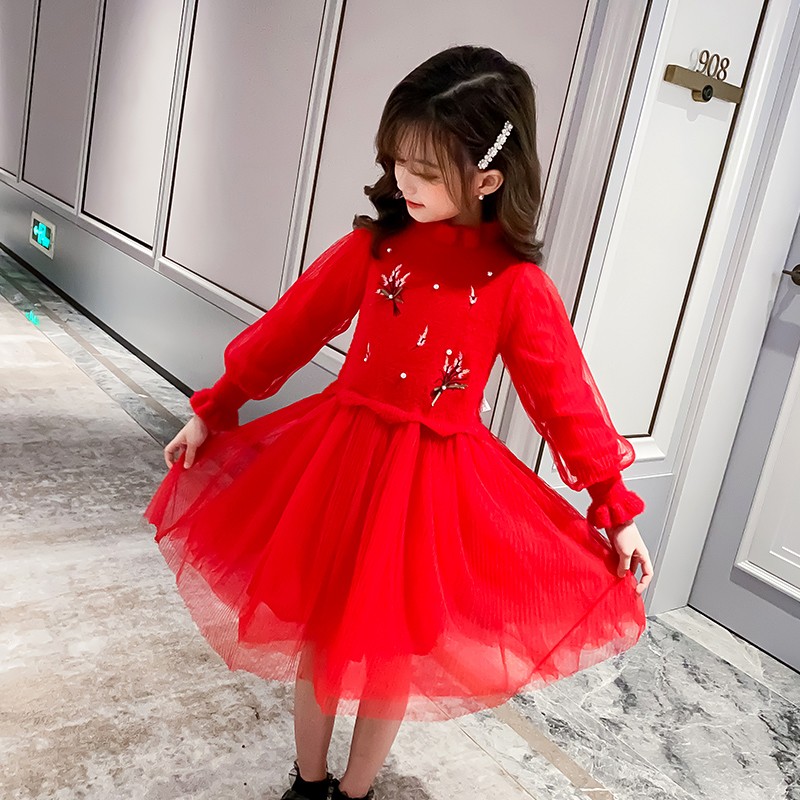 WKPK New Spring Autumn Girls Dress Leisure Fashion Children Clothes Pearl Long Sleeve Children Dresses Comfortable Soft Gauze Skirt