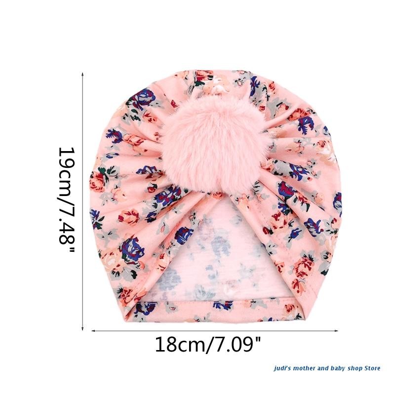 67JC Cute Faux Fur Ball Baby Kids Turban Hat Floral Print Infant Headdress