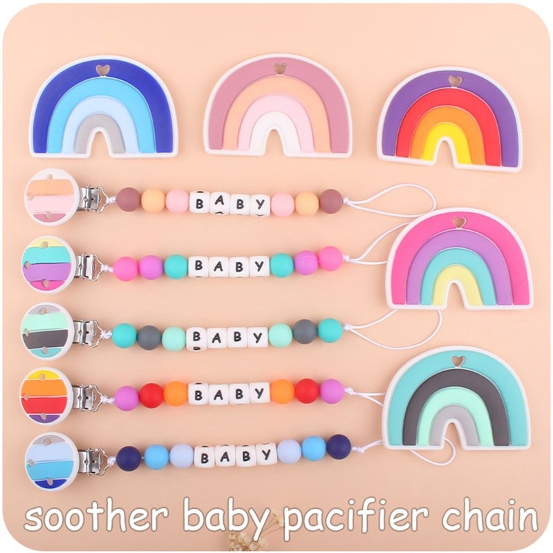 2pcs Baby Pacifier Chain Clip Rainbow Teether Set Newborn Nipple Dummy Clip Holder Silicone Teething Soother Molar Toys QX2D