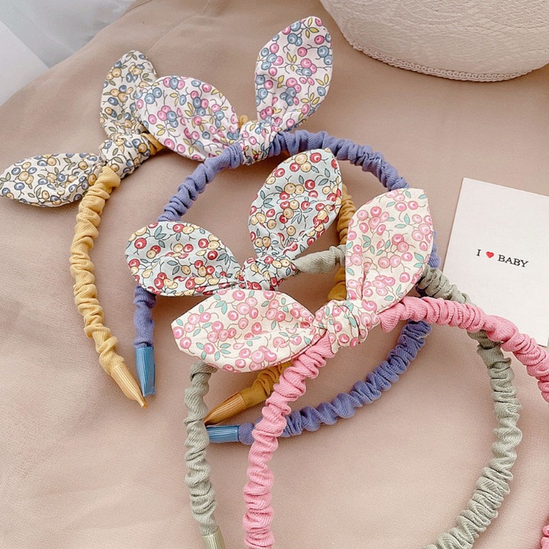 1PC Cute Kids Lovely Cloth Floral Printed Hair Hoop Small Fresh Style Fashion Baby Girls Rabbit Ears Bowknot Headband