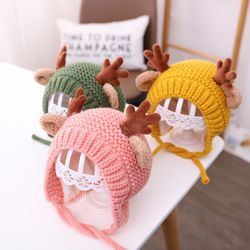 Cute Deer Elk Antlers Baby Hat Winter Warm Plush Knitted Ear Warmer Children Hat Bonnet Boys Girls Beanie Hat Christmas Hats