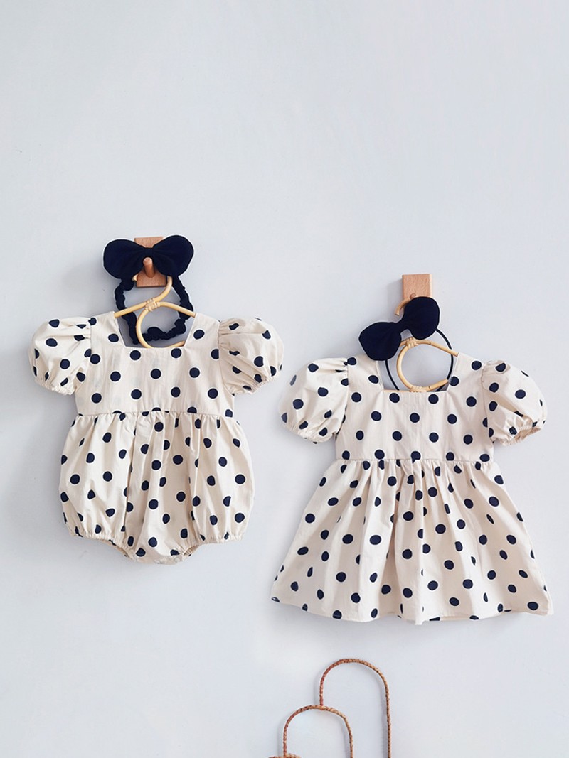 Children's Skirt Summer Clothes Newborn Sister Outfit Jumpsuit Dress Cotton Wave Point Sweet Ins Dots Baby Girl Romper Headband