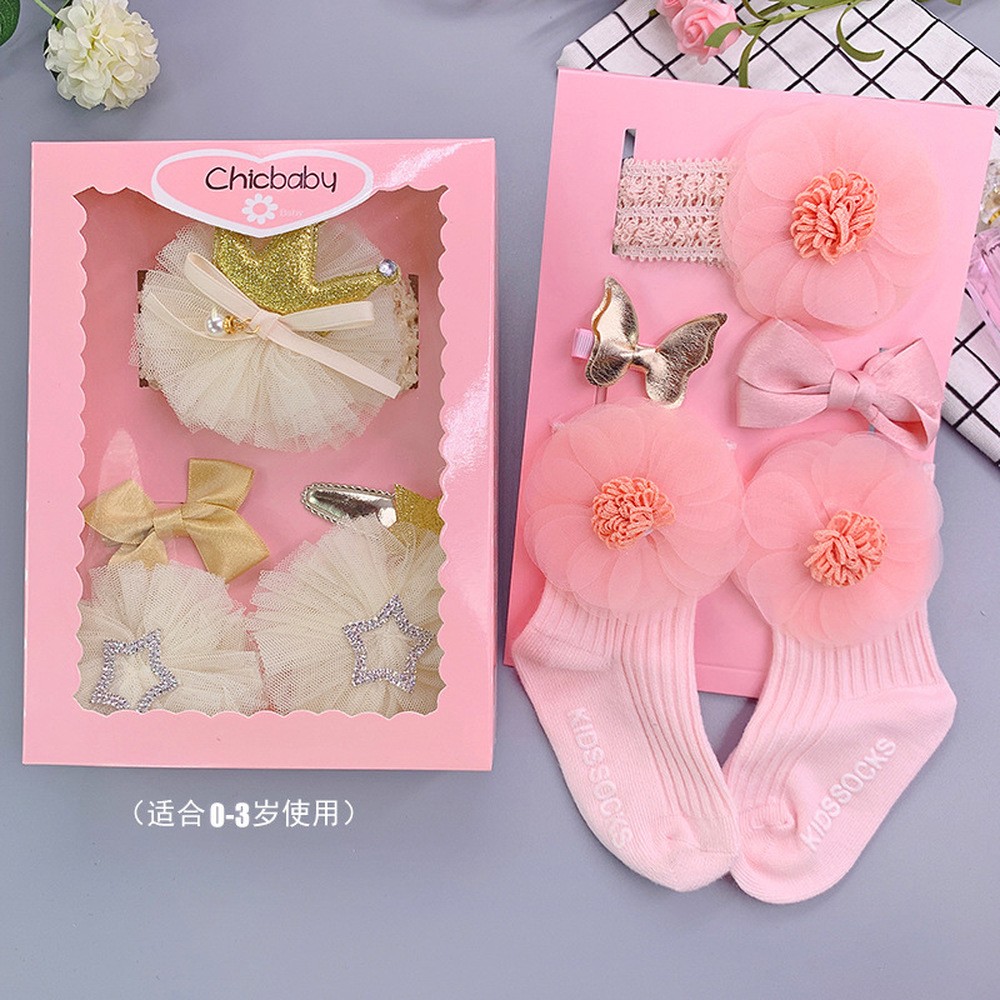 Baby Girl Lace Flower Headband Socks Set Cotton Baby Socks Newborn Socks Anti Slip Floor Socks Elastic Baby Hair Band