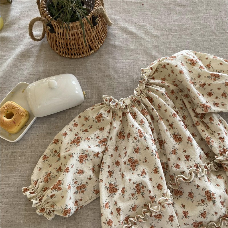 Deer Junmei Baby Girls Floral Print Dress Summer 2022 Half Sleeve Floral Print Dress Classic Pastoral Style Ruffles Dresses For Toddlers